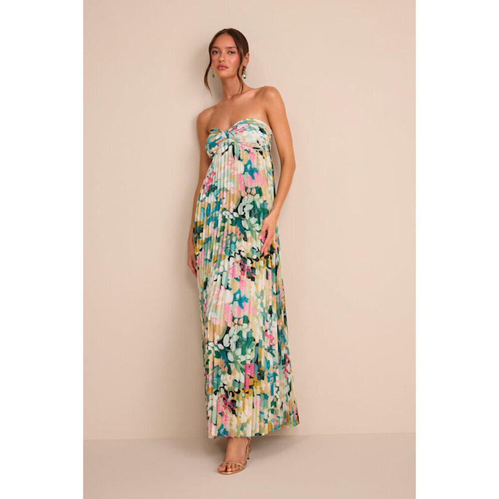 Lulus Whimsical Beauty Multi Floral Satin Plisse Strapless Maxi Dress Green